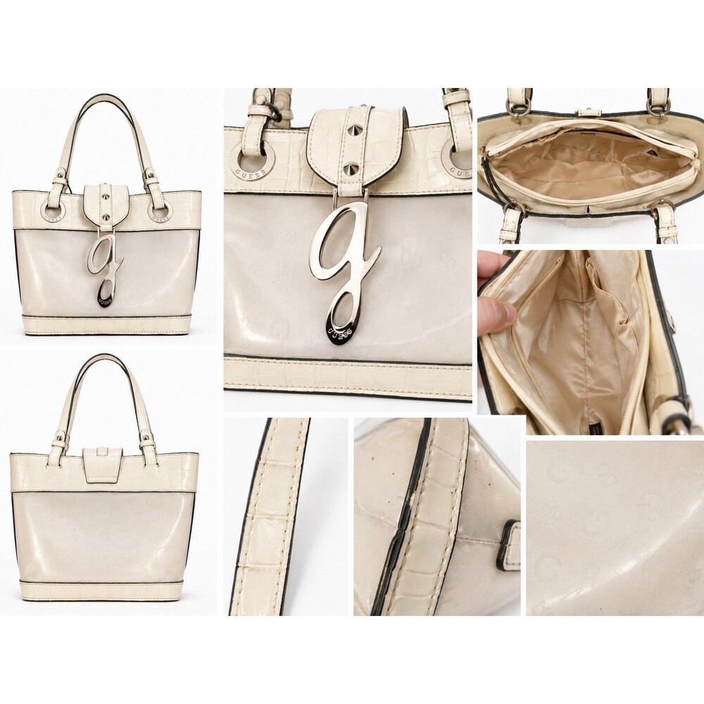 GUESS Beige Logo Tote Bag Zip Top Silver Hardware Double Handles Vintsge Y2K